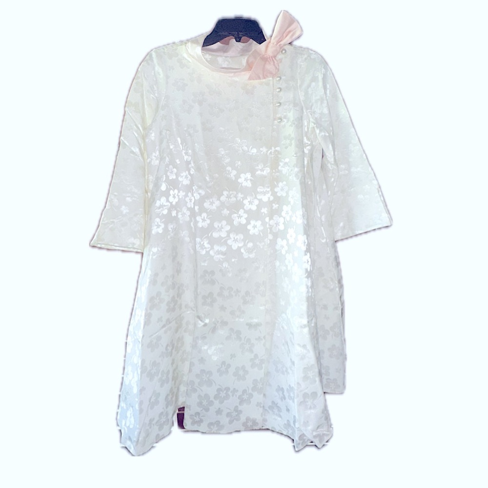 Kimono Style Floral Dress with Pink Bow and Pearl Like Asymmetrical Buttons